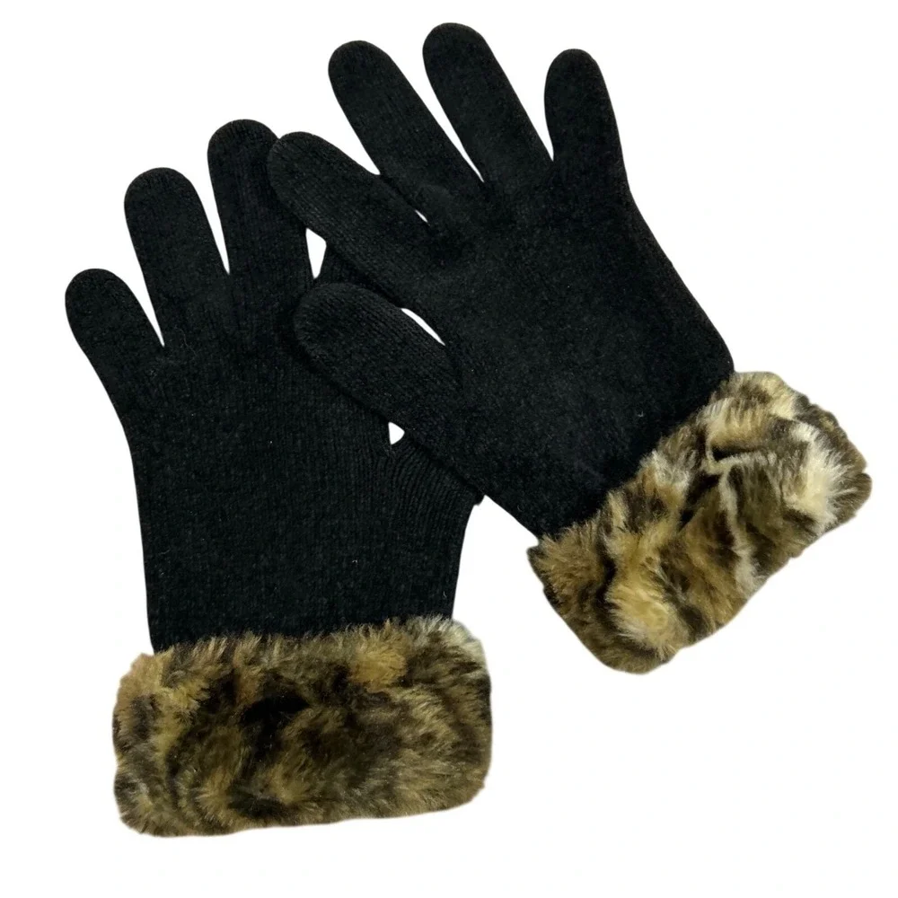 Vintage Womens Black Knit Gloves Leopard Faux Fur Trim Winter Warm‎ Fashion